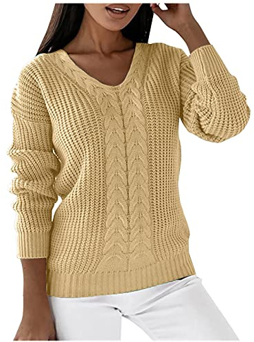pull femme chic et elegant col v casual pull grosse maille hiver chaud et doux pullover tricoté torsadé à la mode chandail manche longue thermique quotidien couleur unie ideal pull-over (Beige, XL)