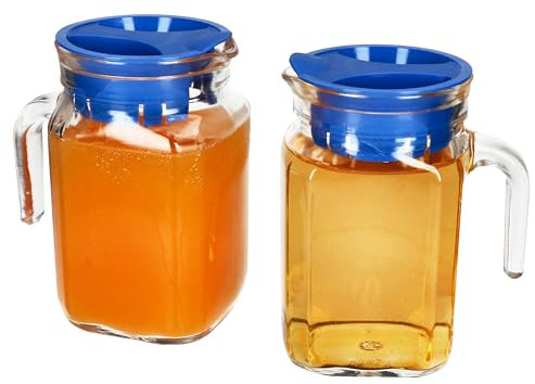 MamboCat Kora Lot de 2 pichets de réfrigérateur avec couvercle en plastique bleu I 0,5 l I Carafe carrée en verre avec bec verseur et anse pour thé glacé, eau, jus, lait, etc.