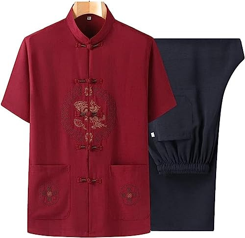 Tai Chi-kläder. Sommar Uniform Tai Chi Tang Kostym Män Traditionell Kinesisk Outfit Broderad Kortärmad Skjorta och Byxor Bomull Linne Kung Fu Kläder Kampsport Outfit (röd, 5XL 6XL)