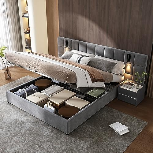 Fppuueg Cama Tapizada de 160x200cm, Cabecero Tapizado con USB y 2 Luces de Lectura, Estructura de Cama Doble con Soporte de Láminas de Madera y Almacenamiento Hidráulica, Sin Colchon, Terciopelo, Gris