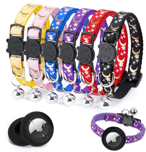 8PCS Collier Chat, Collier pour Chat Anti-étranglement avec Protecteur Airtag et Cloche, réfléchissant, Fermeture Rapide, réglable de 21 à 35 cm, pour Chat et Chiot (Lune)