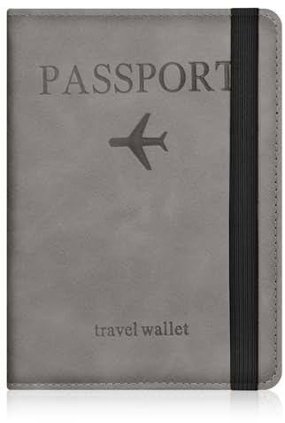 AOOSU Funda Pasaporte, Porta Pasaporte con Bloqueo RFID, Cuero de PU Porta Documentos Viaje Impermeable Resistente Desgaste para Pasaportes Tarjetas Crédito Funda Tarjeta Identific (Gris)