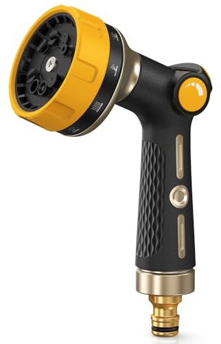 RAINPOINT Hose Pipe Spray Gun, 10 Patterns, Heavy Duty Metal Garden Hose Spray Gun with Thumb Flow Control, High Pressure Hose Nozzle Sprayer for Watering Plants, Lawns, Car and Pet Washing, Yellow