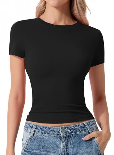 Womens Basic T Shirts Short Sleeve Slim Fit Tops Summer Crew Neck Soft Stretchy Tee Black S