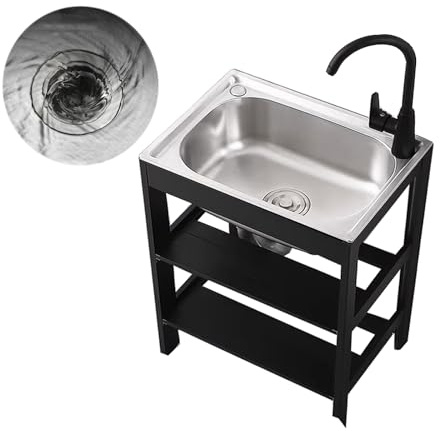 Lavelli for lavanderia vasca for -Acciaio inossidabile 304, profondità 18 cm Lavandino moderno con struttura nera supporto di stoccaggio in alluminio Rubinetto caldo/freddo(38 * 32 * 18cm)