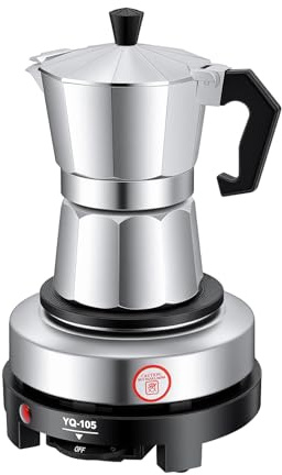 Elektrisk espressobryggare, 3 koppar, liten espressomaskin med värmeplatta, traditionell mockakanna i aluminiumlegering, 5 temperaturnivåer, för hem, camping, kontor