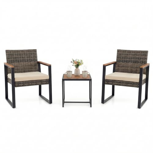 COSTWAY Salon de Jardin Exterieur 2 Personnes, 2 Fauteuils en Rotin PE&Acier avec Table Basse à Plateau en Bois Composite, Ensemble de Meubles de Jardin pour Balcon, Terrasse, Patio (Noir+Beige)