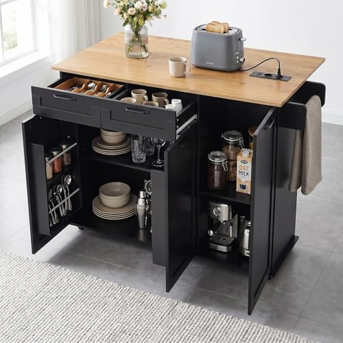 Songvas Carrello da Cucina con Ruote, Isola da Cucina con Piano Ribaltabile, Con Prese Elettriche e Porte USB, 119,5 x 74 x 94 cm, Carrello Salvaspazio per Cucina e Soggiorno, Nero