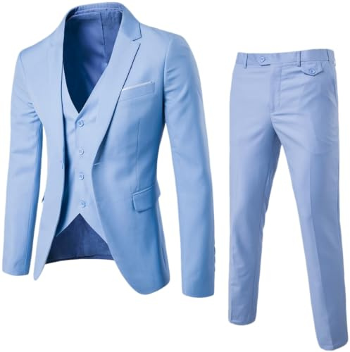 Herr Slim Fit 3-delad bröllopskostym set en knapp formell smoking för brudgummen bal fest, Himmelsblått, L