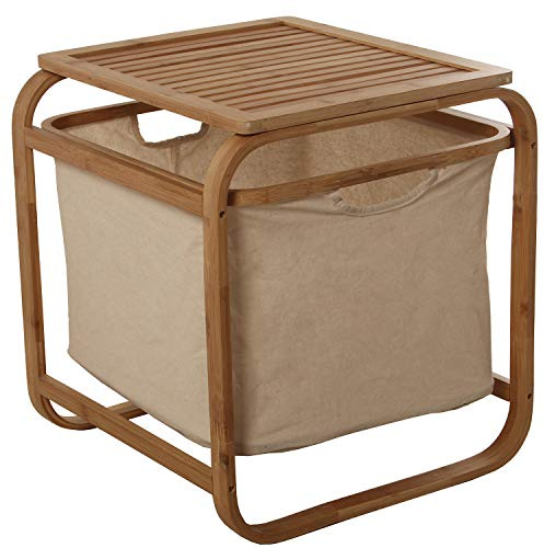 DRW Taburete de Madera bambú con cesto de Tela Lino en Crudo 45 x 45 x 50 cm