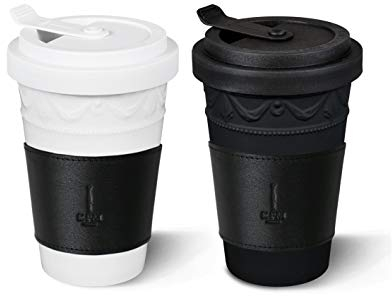 KPM Berlin KURLAND To-Go Becher Duo-Set 2tlg, mit Ledermanschetten, Porzellan, Kaffeebecher 14 cm, handmade, schwarz/weiß in Geschenkkarton