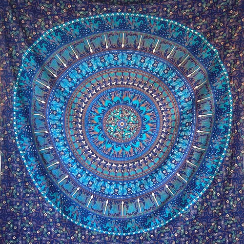 MOMOMUS Wandteppich Mandala - 100% Baumwolle, Bunt, Orientalische Designs - Ideal als Wandtuch Mandala, Indischer Wandbehang aus Stoff und Wandteppich Boho - Blau, 210x230 cm