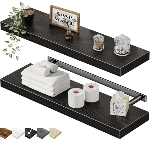 QEEIG Floating Shelves for Wall 23.6 Long - Wall Mounted Shelf Bathroom Kitchen Living Room Bedroom Farmhouse Home Decor Display Bookshelf Large 23.6 x 9.3 inch Set of 2, Black (008-60B)