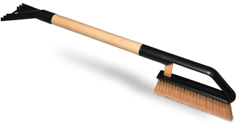 ToM PaR Rascador de Hielo Coche con Escoba | 2 en 1 | Cepillo de Nieve y Rasqueta de Hielo | Cepillo de Limpieza | Mango de Madera Ergonómico | El Rascador no Raya los Cristales | Longitud: 70cm