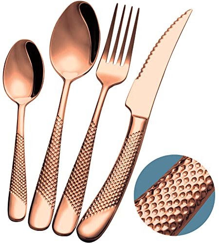 Xideman® couverts de table 24 pieces martelées cuivre avec couteau dentelé 2 en 1 ultra tranchant, menagere or rose inox 18/10 pour 6 personnes, set de couvert couteaux, fourchettes, cuillères