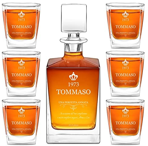Maverton set Caraffa da whisky e cognac + 6 bicchieri - con incisione personalizzata - Decanter in vetro per whiskey da 0,81 L - Bottiglia per compleanno - pensiero per papà - perfetta annata