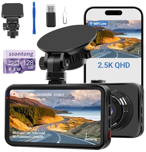 Dash Cam WiFi, Car Camera Dash Cam with 128GB Card Dashcam 2.5K QHD 1440P Dashcam Front, Dash Cameras W/APP, Night Vision, 170° Wide Angle, G-sensor, Parking Monitor for Cars, Max Support 256G