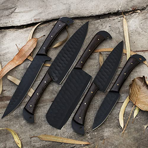 Handmade Damascus Steel Kitchen Knife Set with Leather case Cooking Knives Gift for Her Kitchen and Dining - 5PCs (Coated Steel)