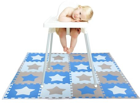 Treer Tapis pour Chaise Haute Bebe, Motif Étoile Tapis de Protection Sol Repas Bébé 130x130cm Tapis Antidérapant Anti-Éclaboussures Tapis de Sol Bebe Pliable Imperméable (Étoiles bleues)