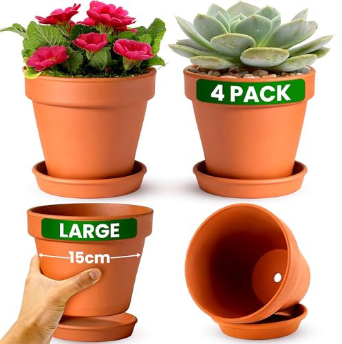 Green Thumbz Terracotta Plant Pots - 15cm x 4 Pack Large Brown Clay Pots with Saucer and Drainage Hole - Indoor or Outdoor Use