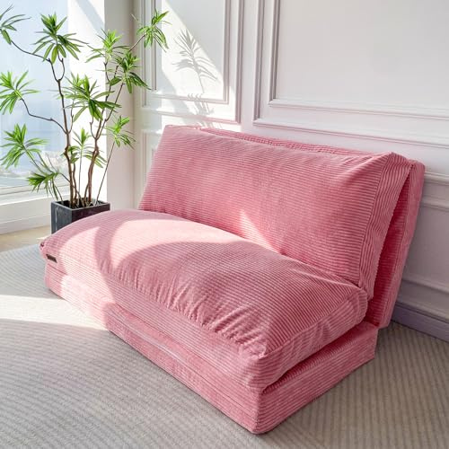 MAXYOYO Bean Bag Bed Folding Corduroy Sofa Chair Foam Filling Extra Thick 4 Fold Floor Couch Matress for Adults, Includes Removable and Machine Washable Cover for Living Room, Pink, 75x240 cm