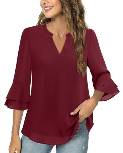 Tee Shirt Femme Manche 3/4 Col V Mousseline Chemisiers et Blouses Femme Chic Et Elegant Hauts Grande Taille Couleur Unie T-Shirts DéContracté Plage Ample Tops à La Mode Loisirs Quotidiennes