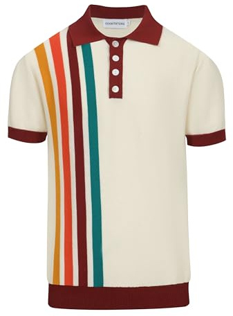 OXKnitstore OXKNIT Polo Hommes Manches Courtes Coton Décontracté Vintage Rayé Blanc Tricoté Polo avec Boutons