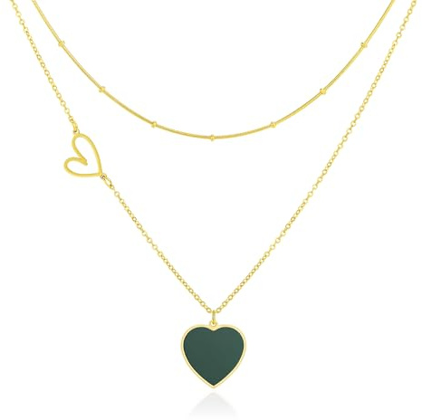 Linawe Grün Herzkette Herz Kette mit Anhänger, Halskette Damen Goldkette, Edelstahlkette Edelstahl Schmuck Gold, Layering Kette Set Goldschmuck, Vergoldet Kette mit Anhänger