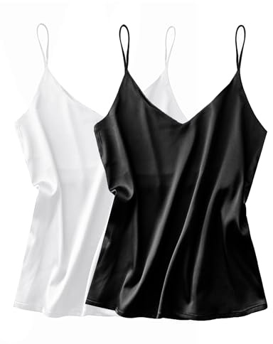 Ekouaer Satin Tank Tops for Women Silk Camisole Tops 2 Packs V Neck Cami