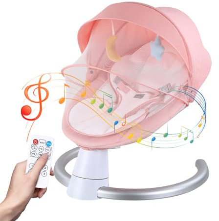 Electric Baby Bouncer with Bluetooth, Baby Bouncer Chair with 5 Swing Speed, 3-Stage Timer and Remote Control, Portable Swing Chair from Birth for Newborn Boys Girls (Pink)