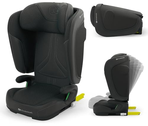 Kinderkraft UNITY 2 i-Size, Silla de coche plegable 100–150 cm, De 3,5 a 12 años aproximadamente, Reposacabezas ajustable, Tapizado con sistema AIR FLOW, Ajuste del respaldo en 5 posiciones, Negro
