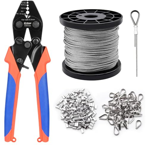 iCrimp CWR1522 Set d'outil de sertissage pour câble métallique, pince à sertir avec fonction de coupe pour 0,1 mm - 2,2 mm, sertisseur pour embouts de câble avec câble métallique et 250 pièces de