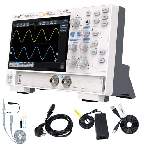 OWON ADS812A Digital Oscilloscope 2-Channel 100MHz, 12-Bit High-Precision, 700k wfms/s, 50Mpts Record Length, Multi-Touch, CAN/LIN Decoding, FFT, HDMI USB Type-C for Automotive & Lab Use.