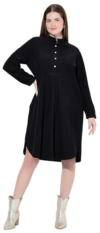 Ulla Popken Femme Grandes Tailles Robe en Velours côtelé, passepoils, Plis décoratifs, Manches Longues Noir 50 832921100-48