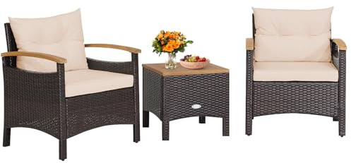 COSTWAY 3-Piece Rattan Bistro Set, Patio Sofa Set Garden Table and Chairs with Cushions, Outdoor Furniture Acacia Wood Wicker Conservatory Set for Balcony Backyard Poolside (Beige)