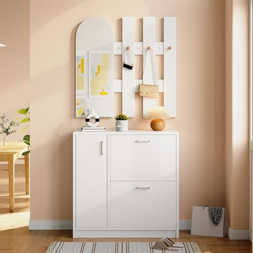 Garderobset med skoskåp och spegel, hallmöbler set med fälldörr, vägggarderob med hylla och krok, platsbesparande hallmöbler, vit, modern