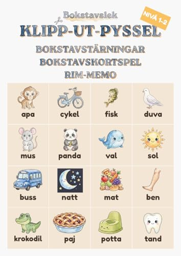 Klipp-ut-pyssel: rim-memo, bokstavstärningar och bokstavskort: lär-dig-läsa-lekar
