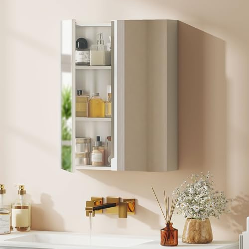 HOMCOM Armoire Murale Salle de Bain avec Miroir, 60 x 75 cm, Meuble Salle de Bain, Armoire de Toilette avec étagère réglable, Blanc