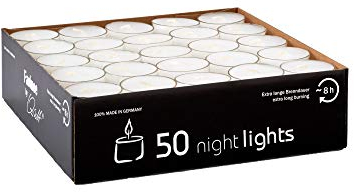 Qult Farluce(TM) Nightlights Farbe Weiß - Teelichter in Kunststoffhülle und Premiumqualität - Rußfrei - ca. 8 Stunden Brenndauer - Sparpack - unbeduftet, Teelichter: 50 Nightslights