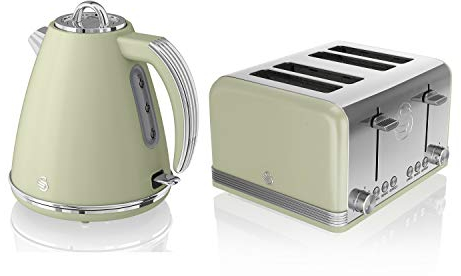 Swan, STP7041GN, Retro 1.5L Jug Kettle & 4 Slice Toaster, Stainless Steel, 360 Degree Base, Electronic Browning Control, Slide-Out Crumb Tray (Green)