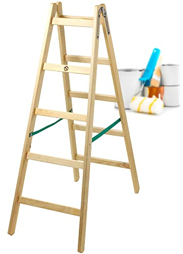 KADAX Escalera de Madera de Pino Imreganda con 5 Peldaños, Diseño Plegable y Soporte de hasta 150 kg, Ideal para Uso en Interiores y Exteriores