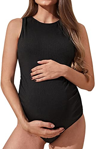 Badeanzug Umstandsmode Damen Umstandsbadeanzug Strand Einfarbig Schwarz Doppelschulter Strapazierfähiger Bikini Umstandsbadeanzug Gestreifter Stoff Lose Rückenfrei Eleganter Badeanzug (Black, M)