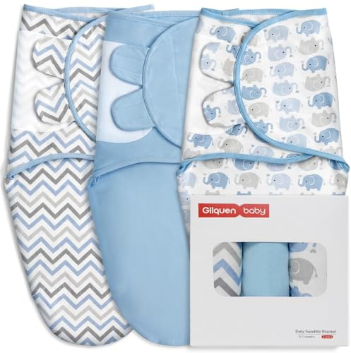 GLLQUEN BABY 0-3 Meses Pucksack para bebé, Envoltorios para bebé, Saco de dormir para recién nacidos, Saco de dormir para bebés, Unisex, Paquete de 3 Mantas, 100% Algodón Orgánico (Azul Cielo)