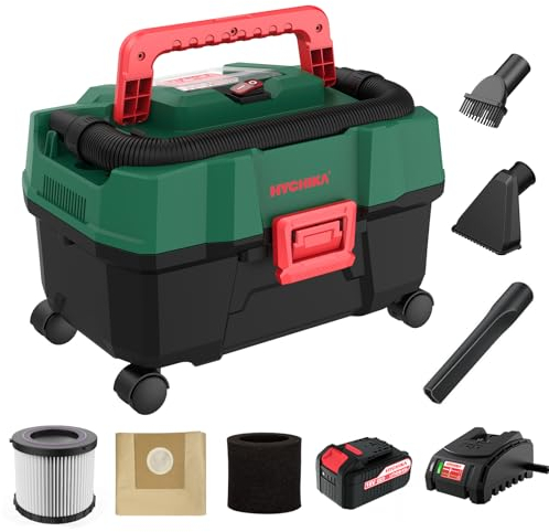 HYCHIKA Aspirateur Eau et poussière sans Fil 18V, 15L, avec Fonction souffleur, avec Batterie 4,0Ah, Chargeur Rapide, Filtre HEPA, idéal pour Les Voitures, ateliers de Bricolage, Nettoyage extérieur
