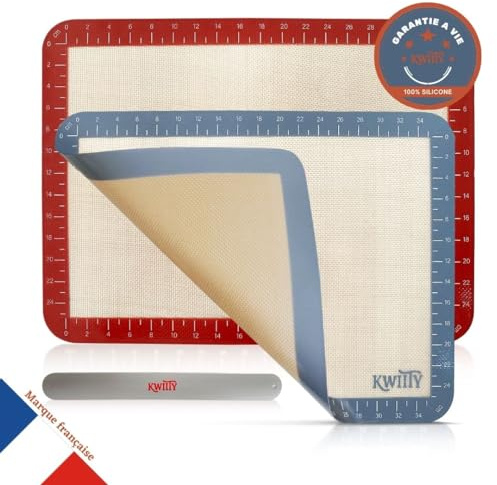 Tapis de Cuisson Silicone avec mesures I 2 Tapis Réutilisables + attache (cf vidéo) Anti-Adhésif, Résistant au Four, Micro-Onde et Lave-Vaisselle I Écologique et Certifié sans BPA I Idéal Pâtisserie
