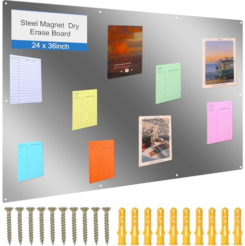 Ireer Magnetic Board Steel Magnet Bulletin Boards for Walls to Display Magnetic Notes Photos for Home Office Classroom, Pre Drilled with Screws and Dry Wet Erase Feature(Steel Color,24 x 36 Inch)