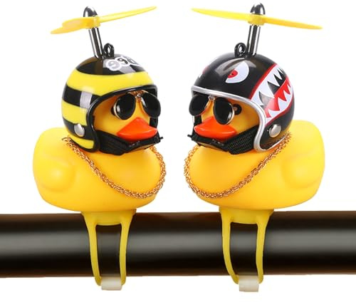 2 Pack Rubber Duck Car Ornaments, Yellow Duck Car Dashboard Decorations Squeeze Duck Bicycle Horns with Propeller Helmet,Bandage and Gold Chain (Bee&Shark)