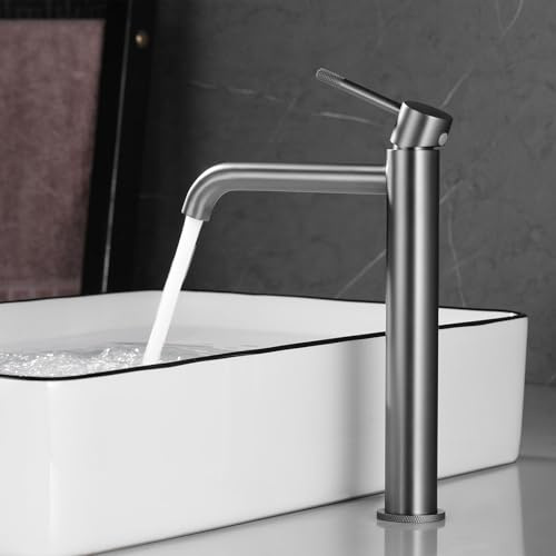 PHASAT Grifo para Lavabo de Baño Alto Gris Plomo, Grifo Monomando de Caño Alto, Mezclador Monomando de Acero Inoxidable 304, Agua Fria y Caliente Disponible PTMP25Q