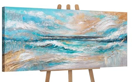 YS-Art Immagini colorate su tela con accenti d'oro Belle immagini acriliche dipinte mare dipinti a mano murale pittura acrilica moderna decorazione per la casa immagini ufficio vera arte 115x50 cm