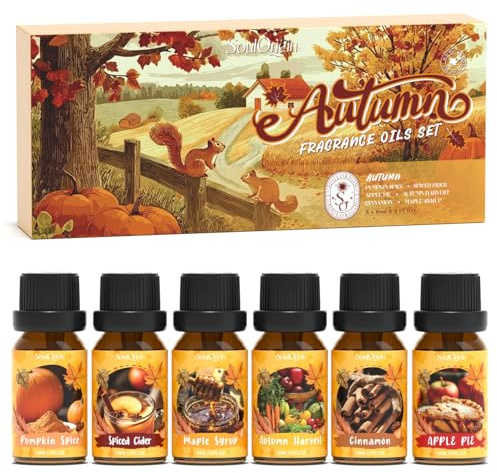 SoulOrigin Herbst ätherische Öle Set, sechs Aromen Duft Öl Set für Öldiffusoren, Seife Kerze machen Dufte 6x10ml - Kürbis Gewürze, Fünf Aromen Apfelwein, Apfelkuchen, Herbst Ernte, Zimt, Ahornsirup